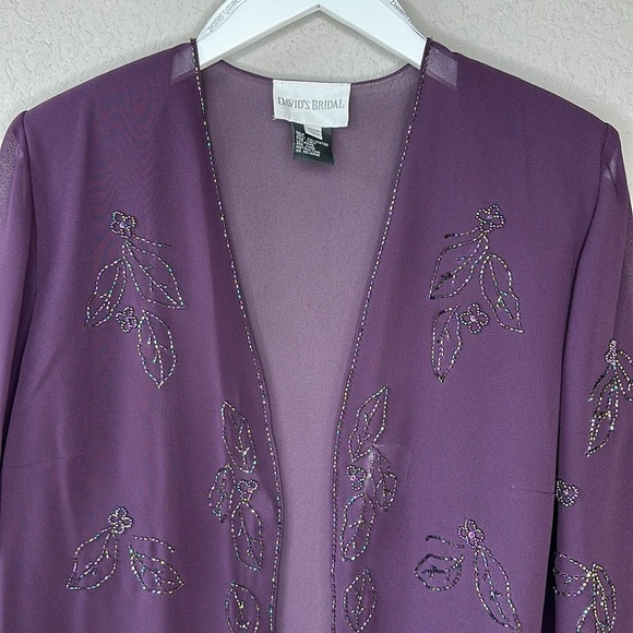 David's Bridal Sheer Purple 3/4 Sleeve Beaded Leaf Design Jacket Size 16WP - Picture 2 of 12